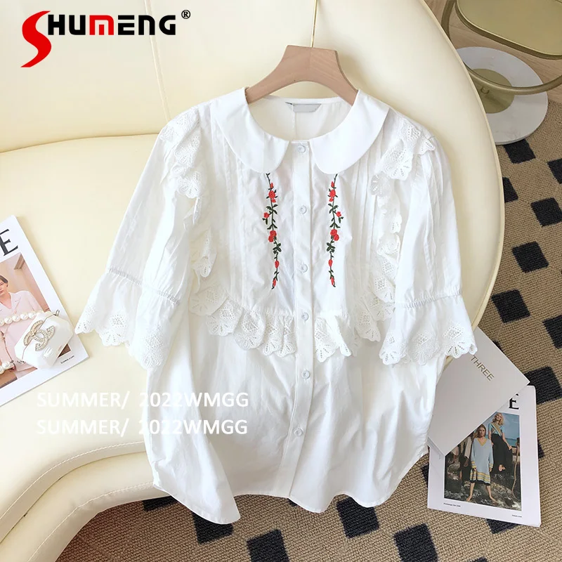 

Ladies 2022 Summer New Fashion Sweet Short-Sleeved Shirt Women's Elegant Loose High-Grade Lace Embroidery Puff Sleeve Blusas Top