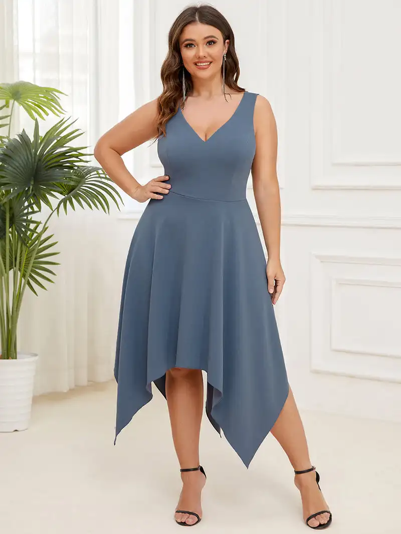 

Plus Size 4XL Evening Dresses Deep V Neck Sleeveless with Asymmetrical Hem 2023 Ever Pretty of Denin Blue Bridesmaid dress