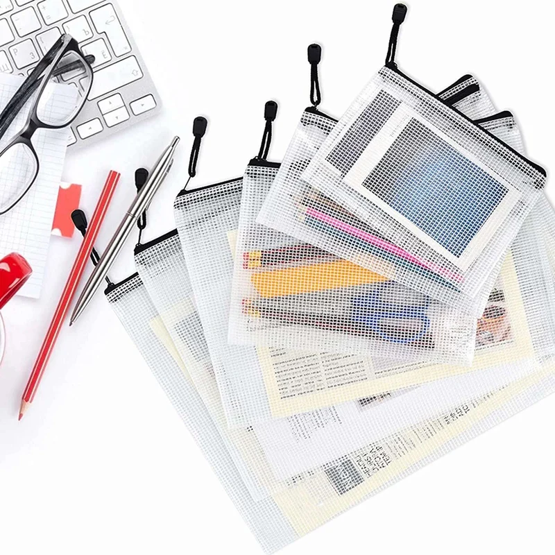 

12Piece Plastic Mesh Zipper Bag Multifunctional Waterproof Folder Office Supplies,Multiple Sizes File Organizer