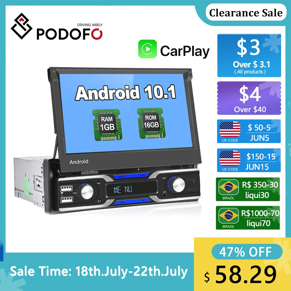Автомагнитола Podofo Carplay 1 Din 7 дюймов Bluetooth 9703C | Автомобили и мотоциклы