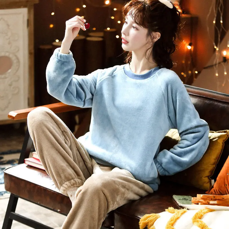 Flannel Pajamas Women's Winter Loose Long Sleeved Warm Cardigan Pijamas Homewear Two-piece Korean Fashion New Cartoon Sleepwear