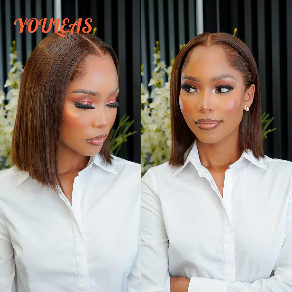 Фото Lagos Hairline Прямой Боб Парик Человеческих Волос Короткие Темно-русые 13x4 HD Кружевные Фронтальные Бесклеевые Парики Предварительно Сорванные Готовые Для Ношения №4