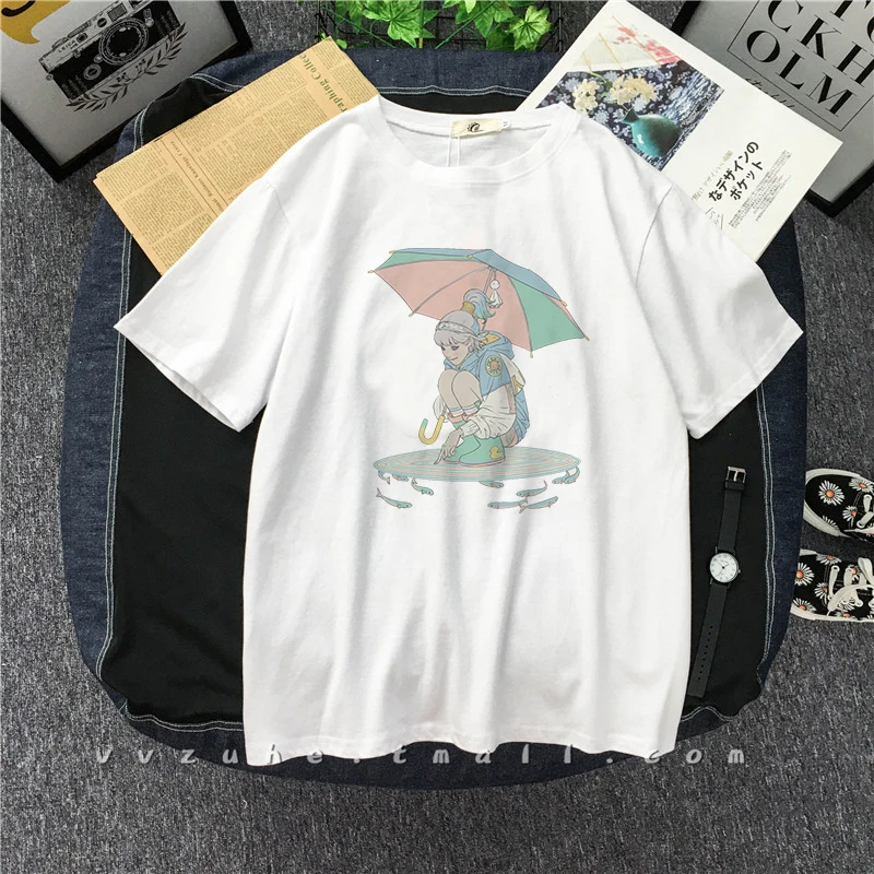 

High Street Retro Mechanical Girl Print Summer New Round Neck Cartoon Ghost Top Loose Casual Short Sleeve Oversize Streetwear