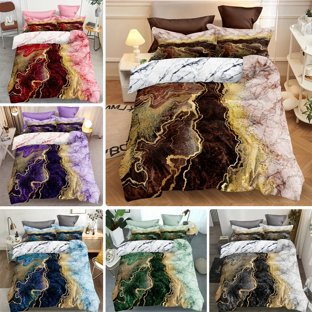 

3pcs Soft and Comfortable Bronzing Marble Print Duvet Cover Set for Bedroom and Guest Room Includes 1 Duvet Cover 2 Pillowcases