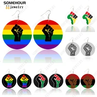 somehour rainbow power fist art printed wooden drop earrings black sayings vintage round pendant dangle jewelry for women gifts