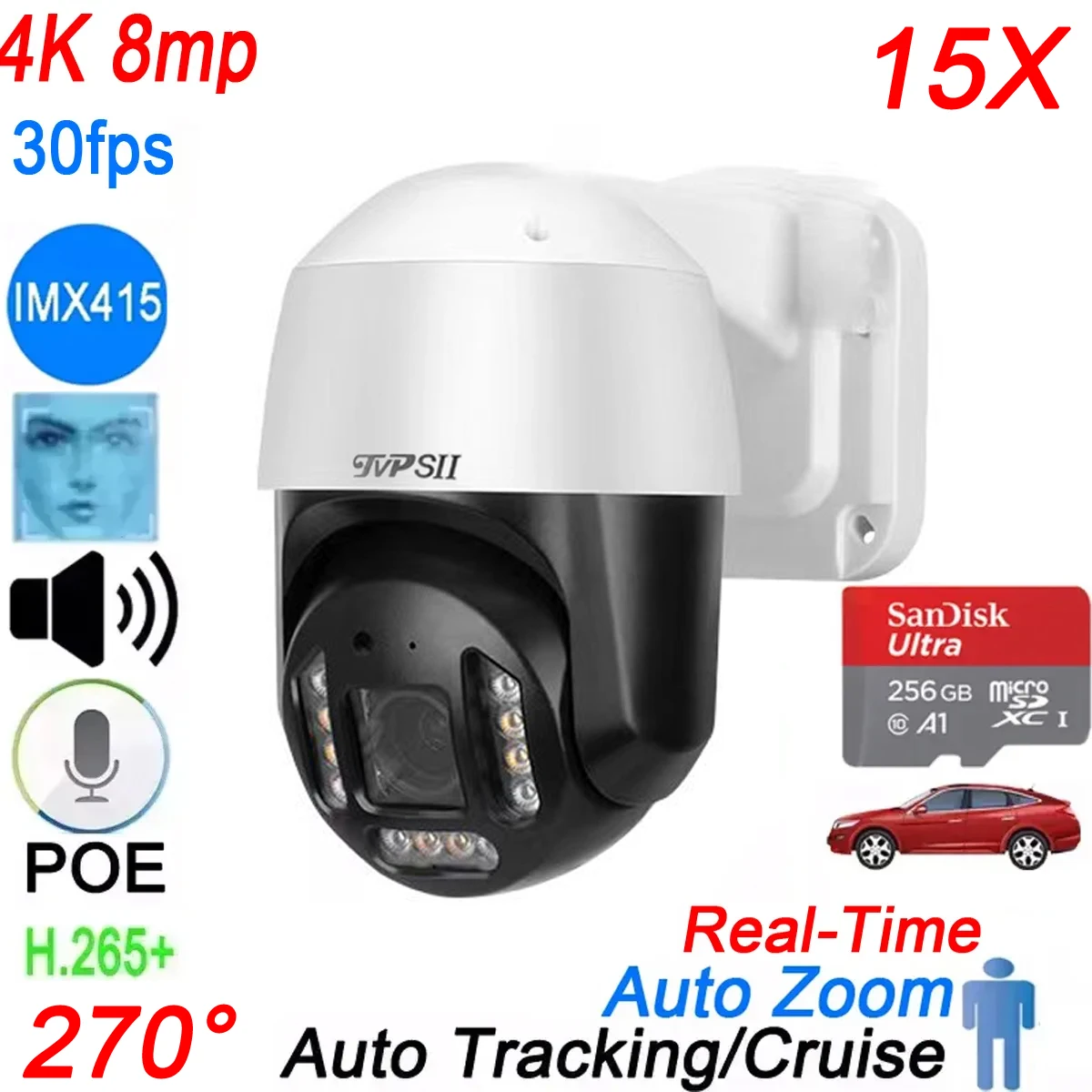 

Full Color Auto Tracking 30fps 8MP 4K 15X Zoom 270° Rotation Audio Outdoor ONVIF POE PTZ IP Surveillance Speed Doom CCTV Camera