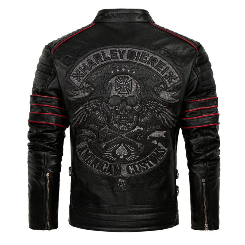 

Black Skulls Embroidery Spring Men's Jacket Motorcycle Style Plus Size 5XL Natural Cowhide Autumn Slim Fit Genuine Leather Coats