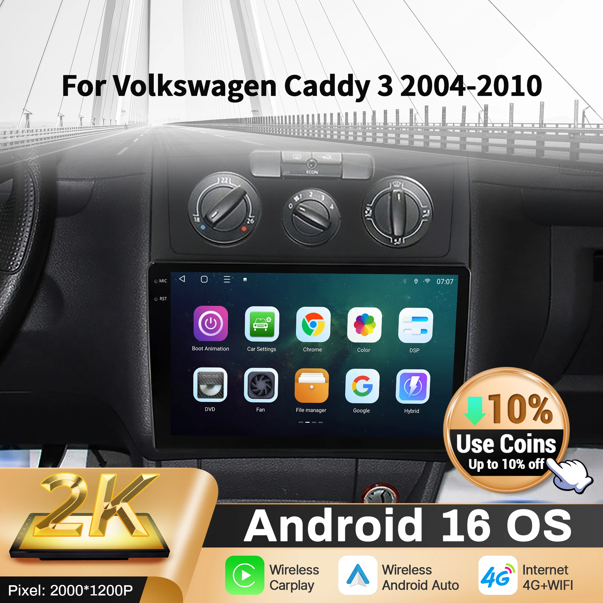 Фото 10-дюймовый автомобильный радиоприемник для VW Volkswagen Caddy 3 2004-2010 BT Carplay Android 16, мультимедийная навигация, головное устройство, 2K QLED экран №1