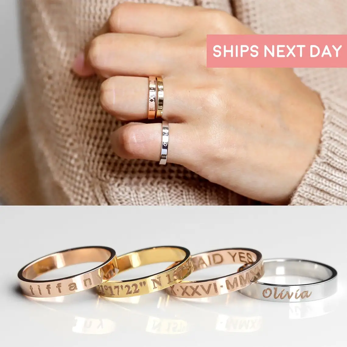 4mm Personalized Stacking Ring Custom Engraved Name Coordinate Initial Stackable Gold Mothers Jewelry Gift For Her - купить по