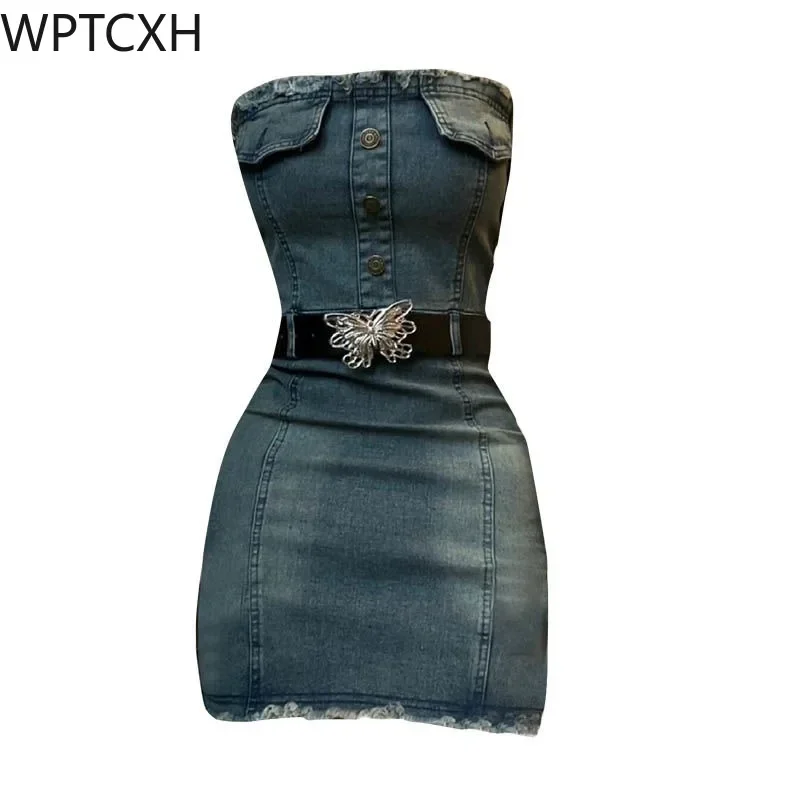 

2024 Hot Sell Pretty Dresses SweetCool Spice Girl Denim Dress Female Summer Slimming Strapless One Line Shoulder Bag Hip Skirt