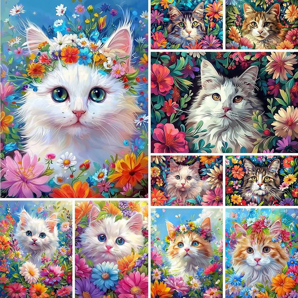 Картина по номерам милая кошка и цветы Акриловая Краска на холсте Прямая