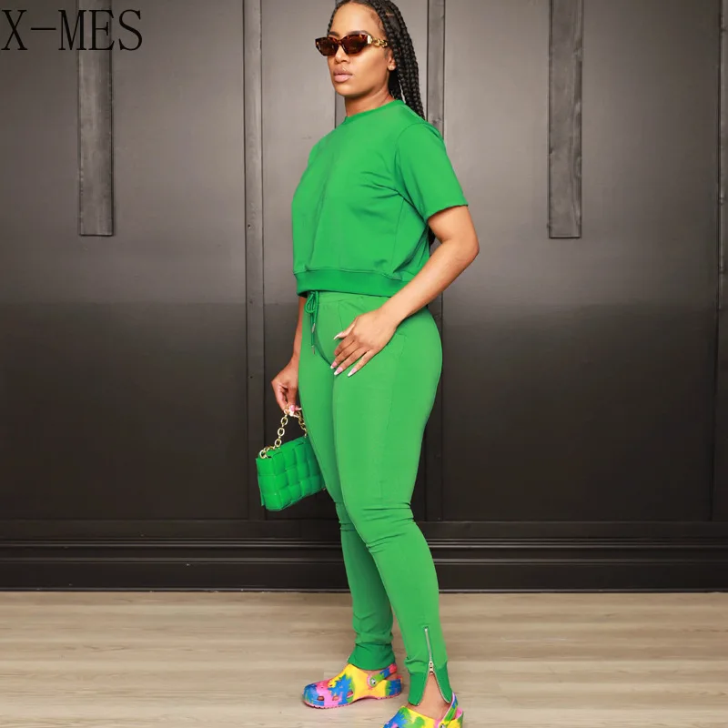 Women Solid Sportswear 2 Pieces Set Casual Fashion Round Neck Short Sleeve Drawstring Trousers Autumn New Sports Outfits Commute