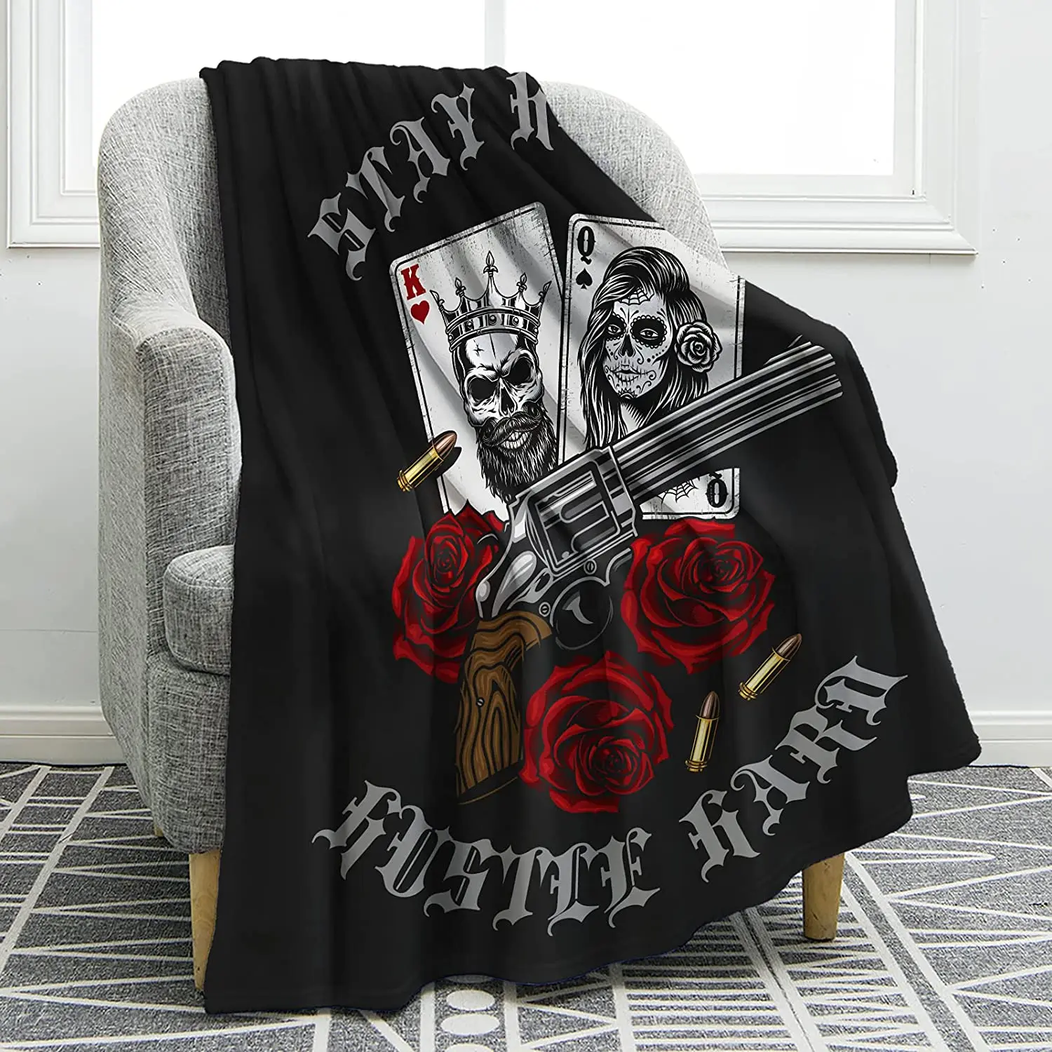 

Skull Rose Blanket Skull Gun Floral Print Throw Blanket Soft Smooth for Bed Sofa Couch Men Gift for Halloween Christmas 50"x60"
