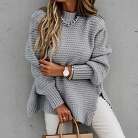 2021 autumn and winter pullover womens fashion half high neck loose solid color long sleeved side slit knitted sweater women