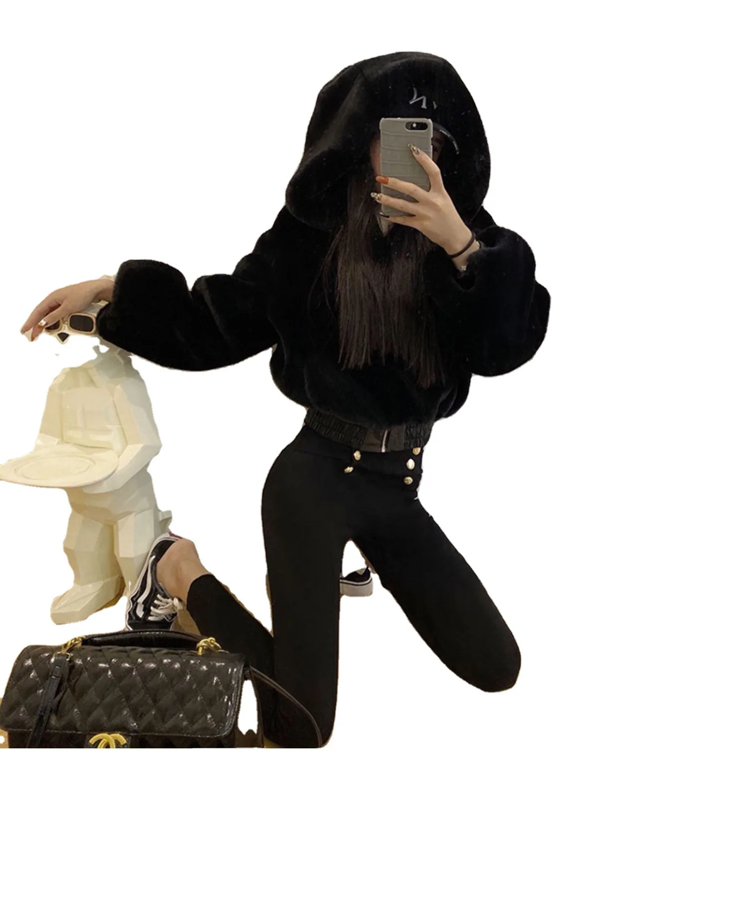 Women's Autumn and Winter Fur Jacket Short High Waist Fur Hooded Jacket Women's Top Faux Fur Coat