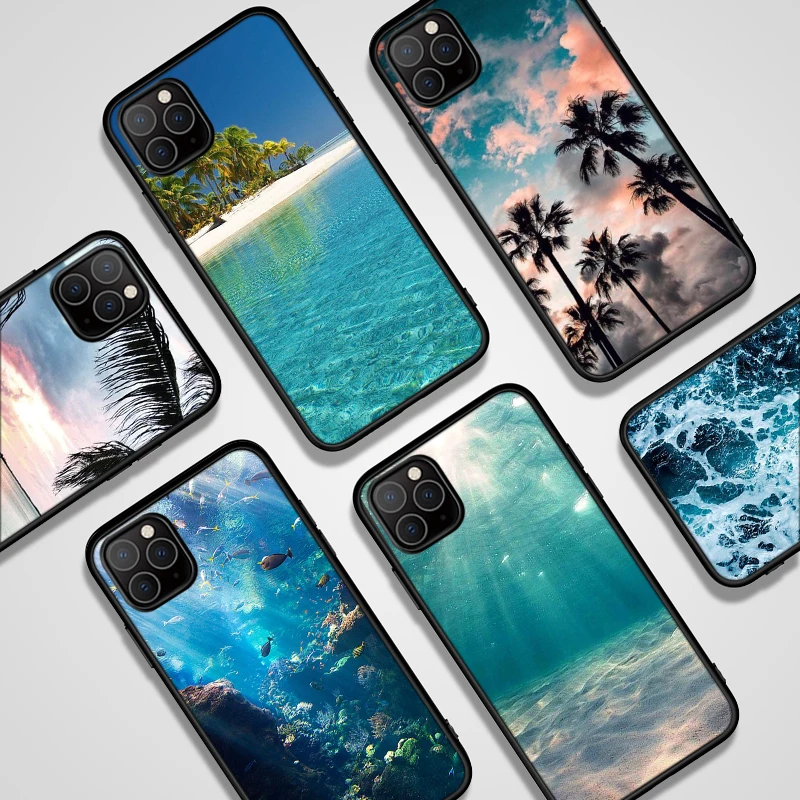 Sea Beach Case for iPhone 13 Pro Case for iPhone 11 12 13 Pro XR XS Max mini 7 X 8 6 6S Plus 5 5S SE 2020 Black Silicone Funda