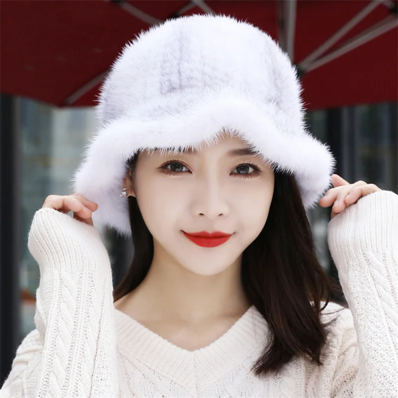 Winter Mink Fur Bucket Hat Female Outdoor Warm Sun Hat Female Korean Mink Fur Woven Fisherman Hat Girl Fashion Panama