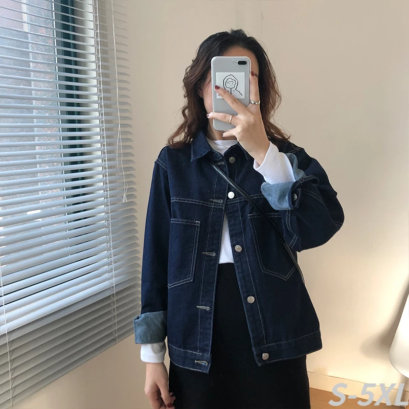 

Vintage Jean Jacket for Women Bright Line Wash Blue Denim Jacket Grils 2022 New Spring Fall Big Pocket Retro Jeans Coat