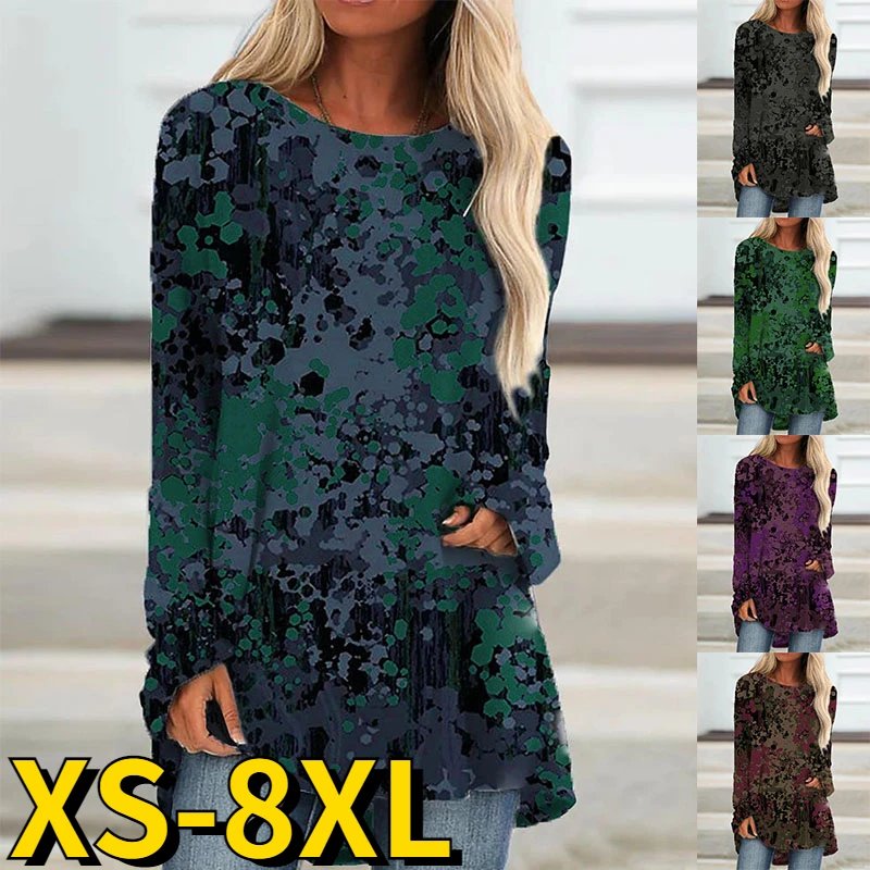 

Женский топ с абстрактным принтом, Повседневная Свободная футболка с длинным рукавом и круглым вырезом, осень 2022