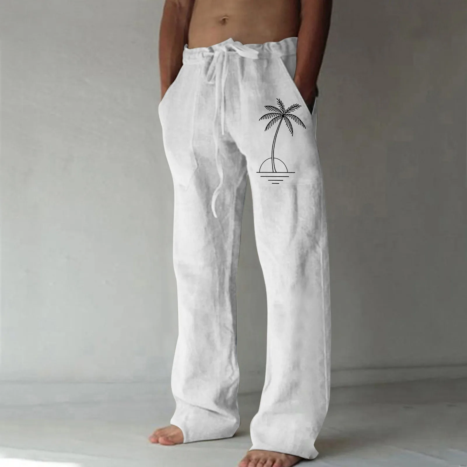 

Men Casual Pants Coconut-Tree Print Summer Imitation Cotton Linen Pants Mid Waist Drawstring Trousers Streetwear Bottoms Lounge