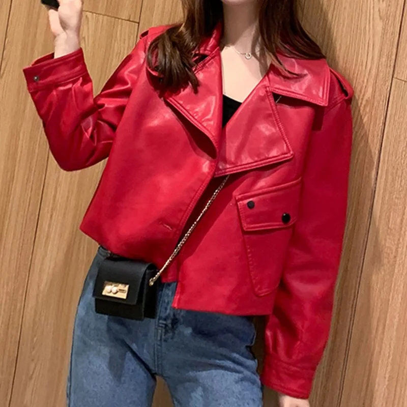 Casual Black Women's PU Leather Jacket Women's Lapel Pocket Short Wash Faux Leather Jacket Zipper Motorcycle Red Leather Jacket