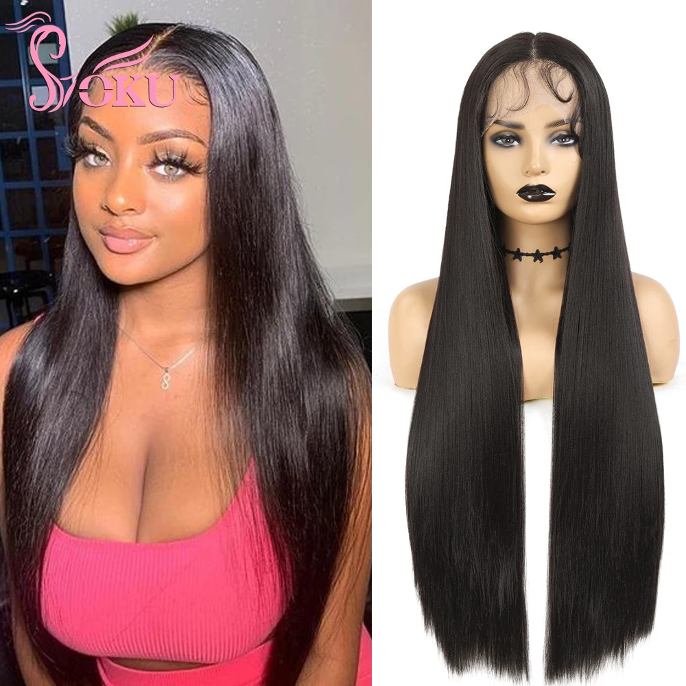 

Синтетический кружевной передний парик 32 дюйма длинный прямой темно-коричневый цвет с детскими волосами термостойкий волокон средней части кружевной парик для женщин