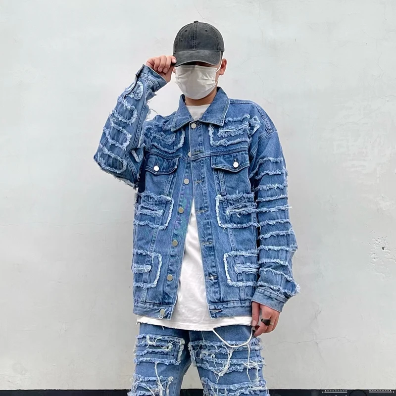 

Blue Destroyed Ripped Cargo Denim Jackets Streetwear Oversize Men Biker Jackets Coats Washed Destruction Raw Edges Denim Outwear