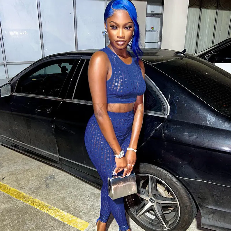 

2 Piece Set Hollow Out Ribbed Women Solid Skinny O-neck Sleeveless Vest+Sexy Hole Tights Pants Streetwear Outfit Suit
