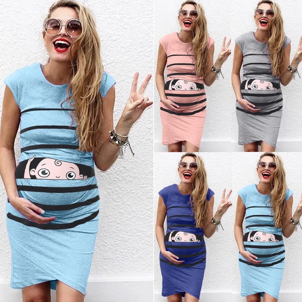 Maternity Dress Women's Dresses Print Dress Cartoon Sleeveless Casual Pregnanty Dress Scoop Neck Mama Clothes Casual Bodycon