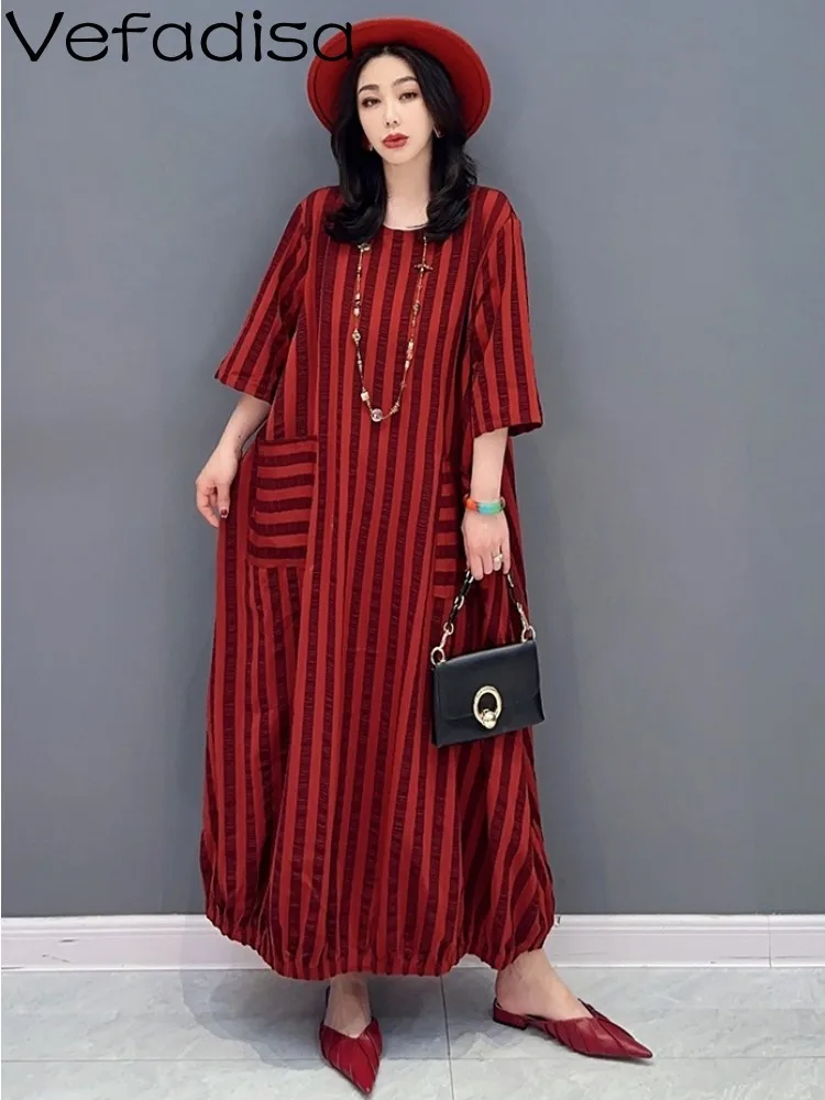 

Vefadisa 2023 Spring Summer New Fashion Stripe Dress Black And Red Versatile Striped Women Wear Shrink Hem Trendy Dress ZY526