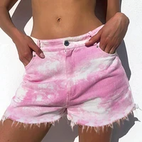 spring and autumn pink tie dye new fashion sexy stretch casual personality ripped fringed ladies denim shorts womens clothing