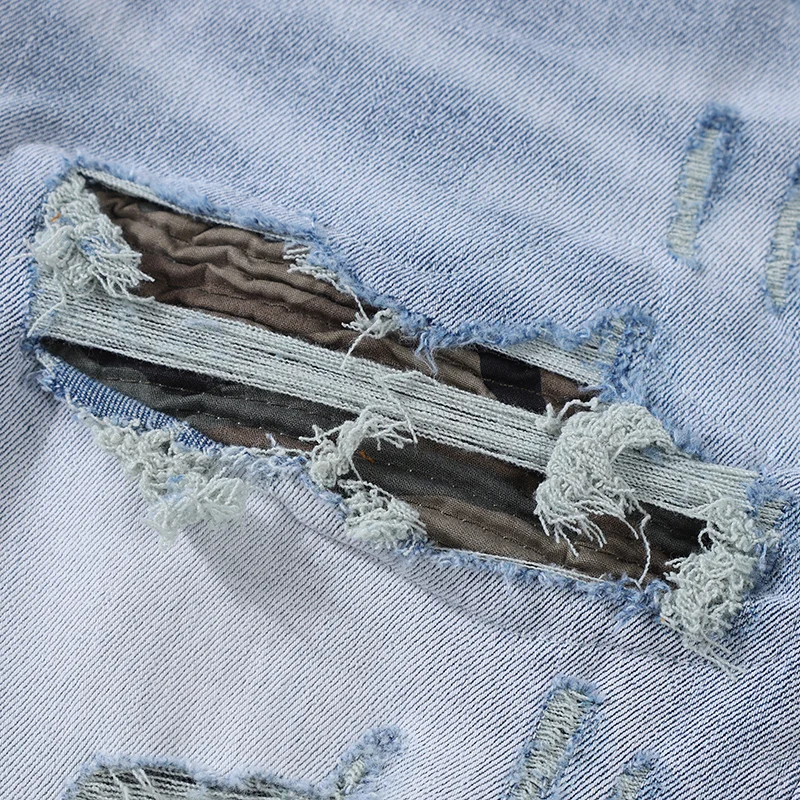 High Street Fashion Men Jeans Retro Light Blue Stretch Skinny Fit Ripped Jeans Men Patched Designer Hip Hop Brand Pants Hombre