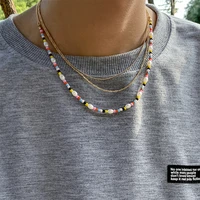 fashion personality colored rice beads connected imitation pearl necklace bohemian men metal ball bead chain three layer jewelry