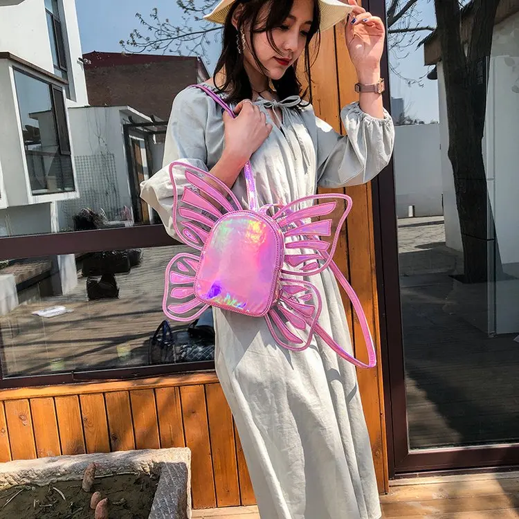 Модный женский лазерный голографический кожаный мини-рюкзак с крыльями бабочки