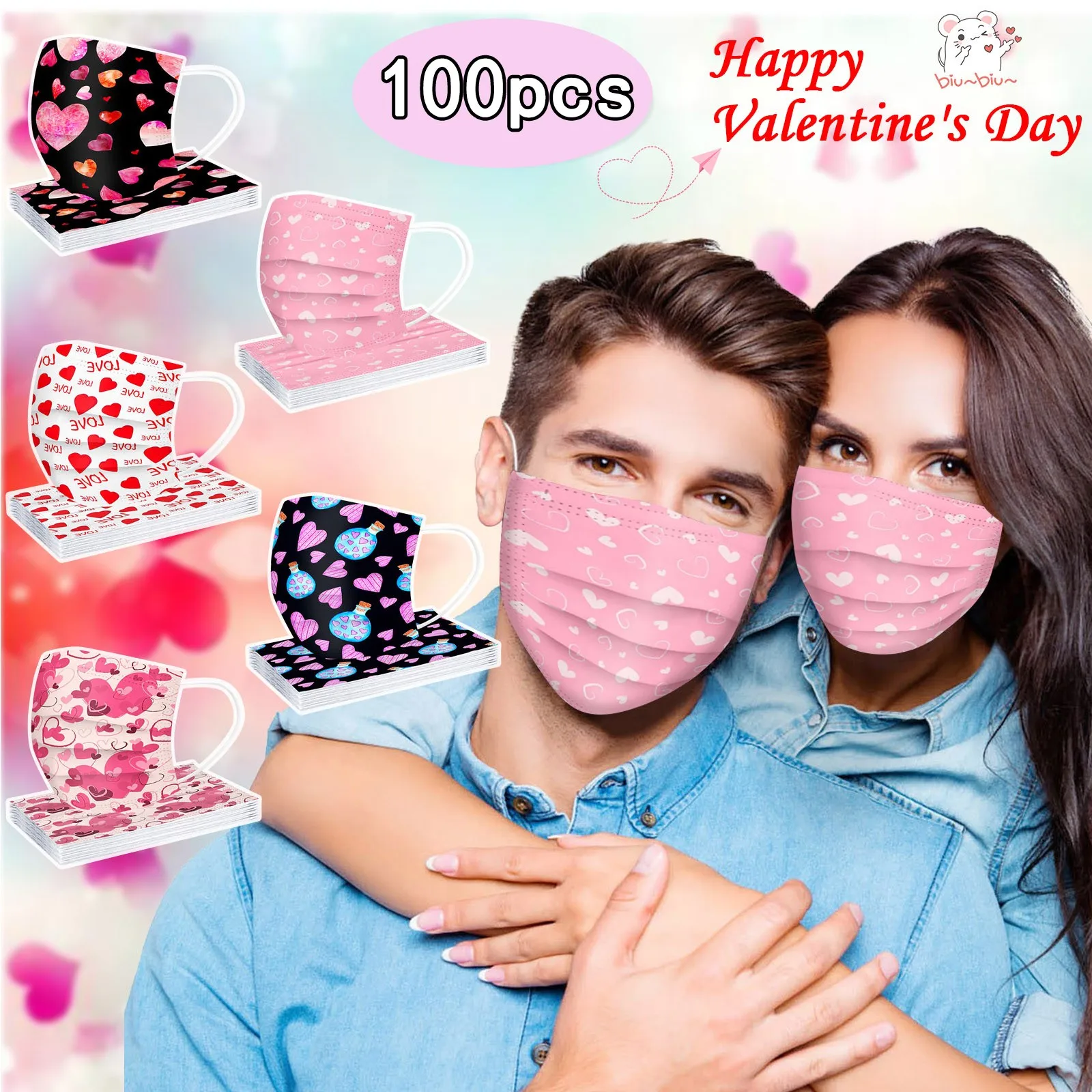 

Маска 100PC Adult Couple Mask Valentine's Day Love Printing Disposable Mask 3layer Filter Masks Masque Halloween Cosplay Mascara