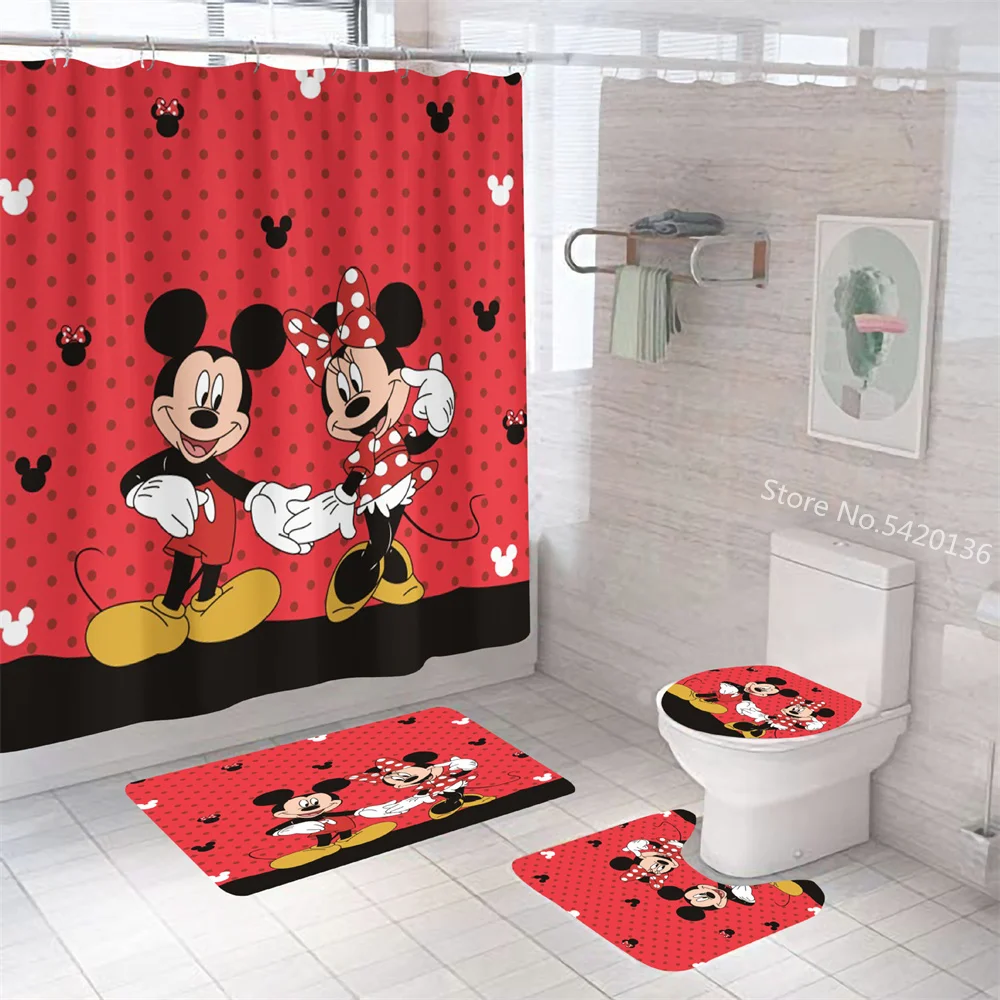 

Disney Mickey Minnie Mouse Print Shower Curtain Carpet Black and White Toilet Cover Bath Mat Rug Pad Set Bathroom Christmas Gift