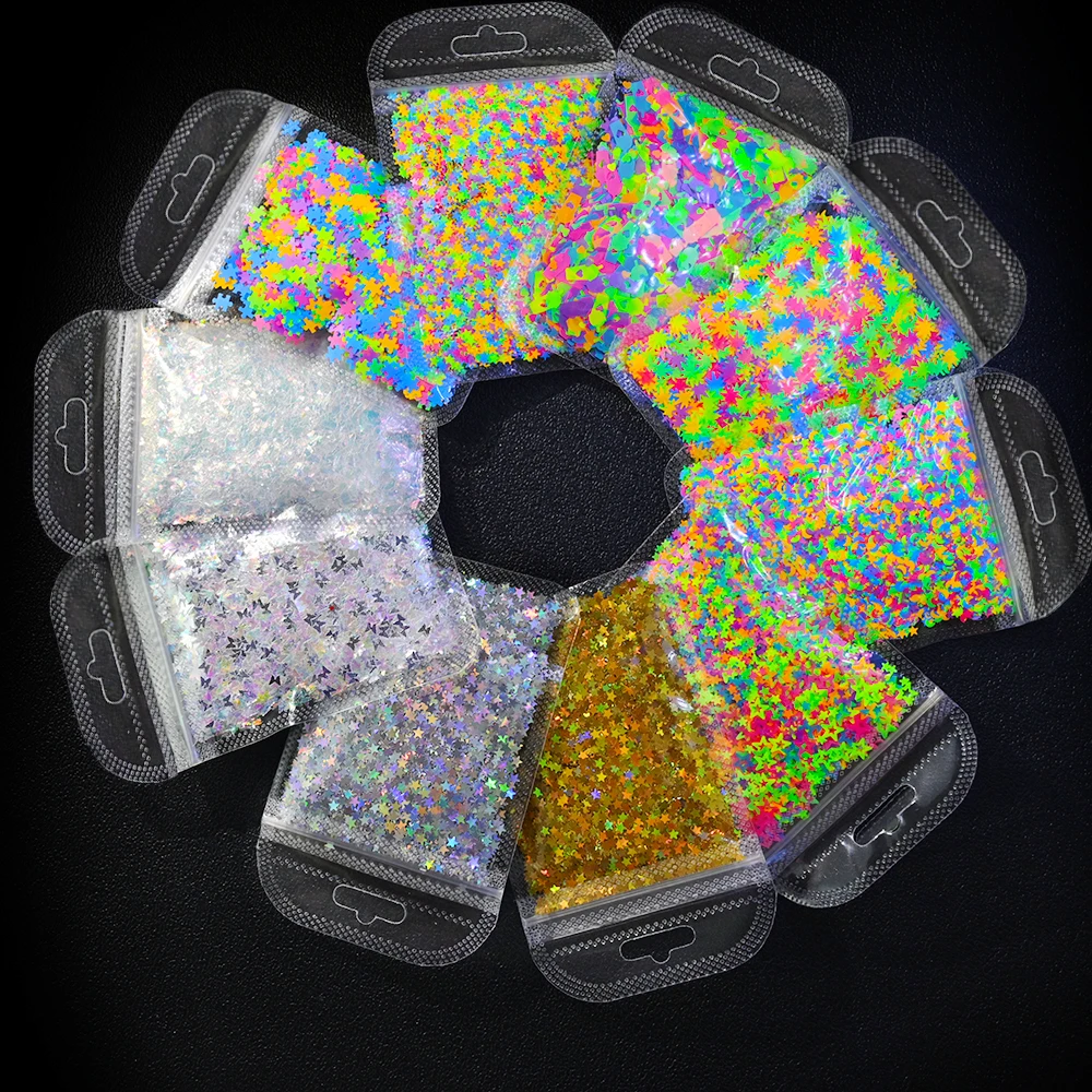 

10g/bag Holographic Star Nail Glitter Luminous Fluorescence Pentagram Moon Circle Nail Sequins Powder Glow in the Dark Flakes