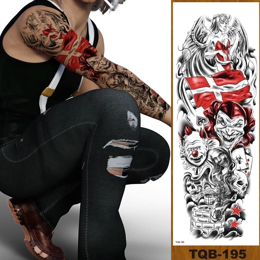 Тату-наклейка Временная на всю руку с цветами искусство тело ногу Череп голова