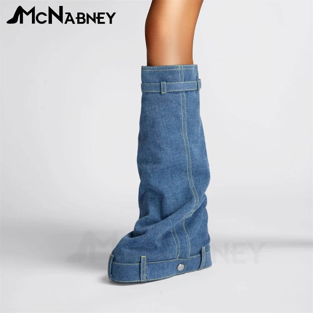 Denim Platform Biker Boots Chunky Heel Boots Metal Lock Boots Designer Style Knee High Fashion Zipper Jeans Design Women Boots