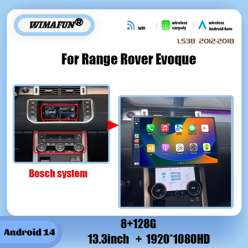 

13,3-дюймовый Android 14 для Range Rover Evoque L538 2012-2018 Автомобильный GPS-навигатор Радио Мультимедийный плеер Carplay OEM меню HD экран
