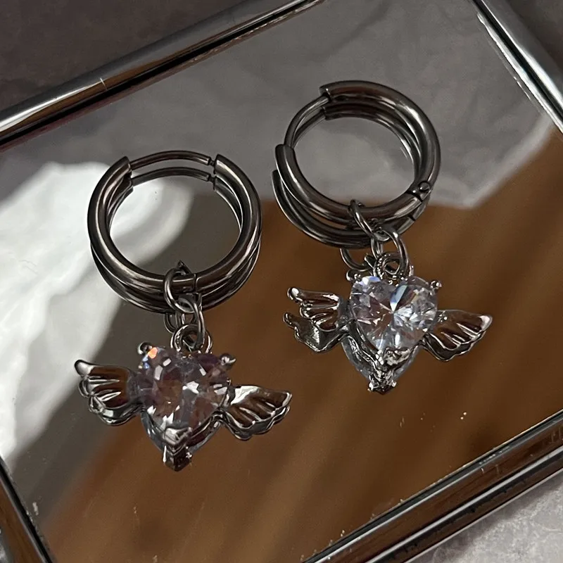 Серьги-гвоздики с ангельскими крыльями и сердцем для женщин блестящие