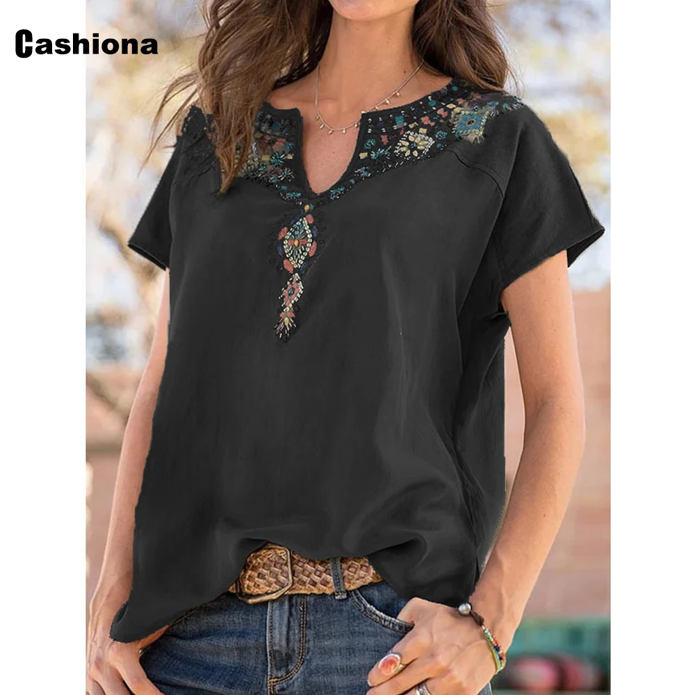 

Ladies Folk Vintage colgante Print T-shirt Short Sleeve Casual Shirt Pullovers 2022 New Summer Tops Clothing Plus Size S-5XL