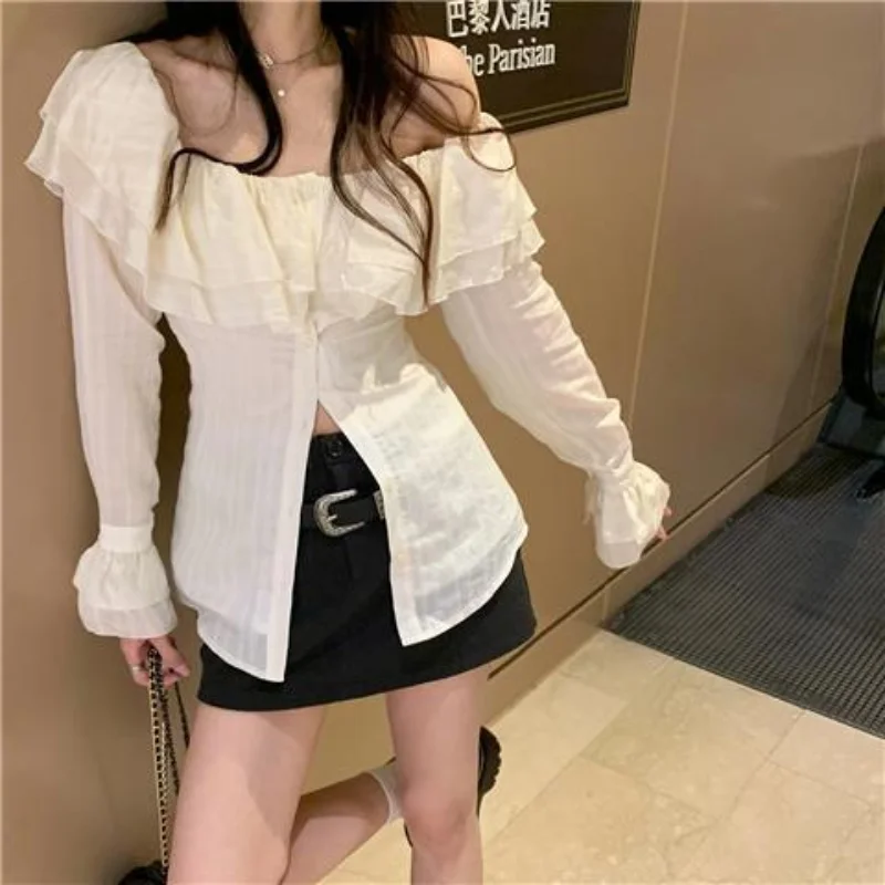 

2023 New All-match Ruffles Shirts Women Spring New Slim Waist E-Girl Blouses Y2k Grunge Off Shoulder Long Sleeve Blusas