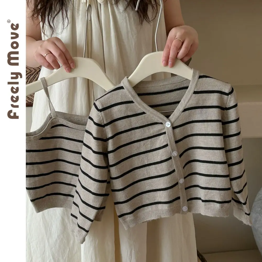 

Осень 2023, новинка, Модная трикотажная одежда для маленьких девочек, детский жилет и кардиган для детей, свитер, Топы, 2 шт.