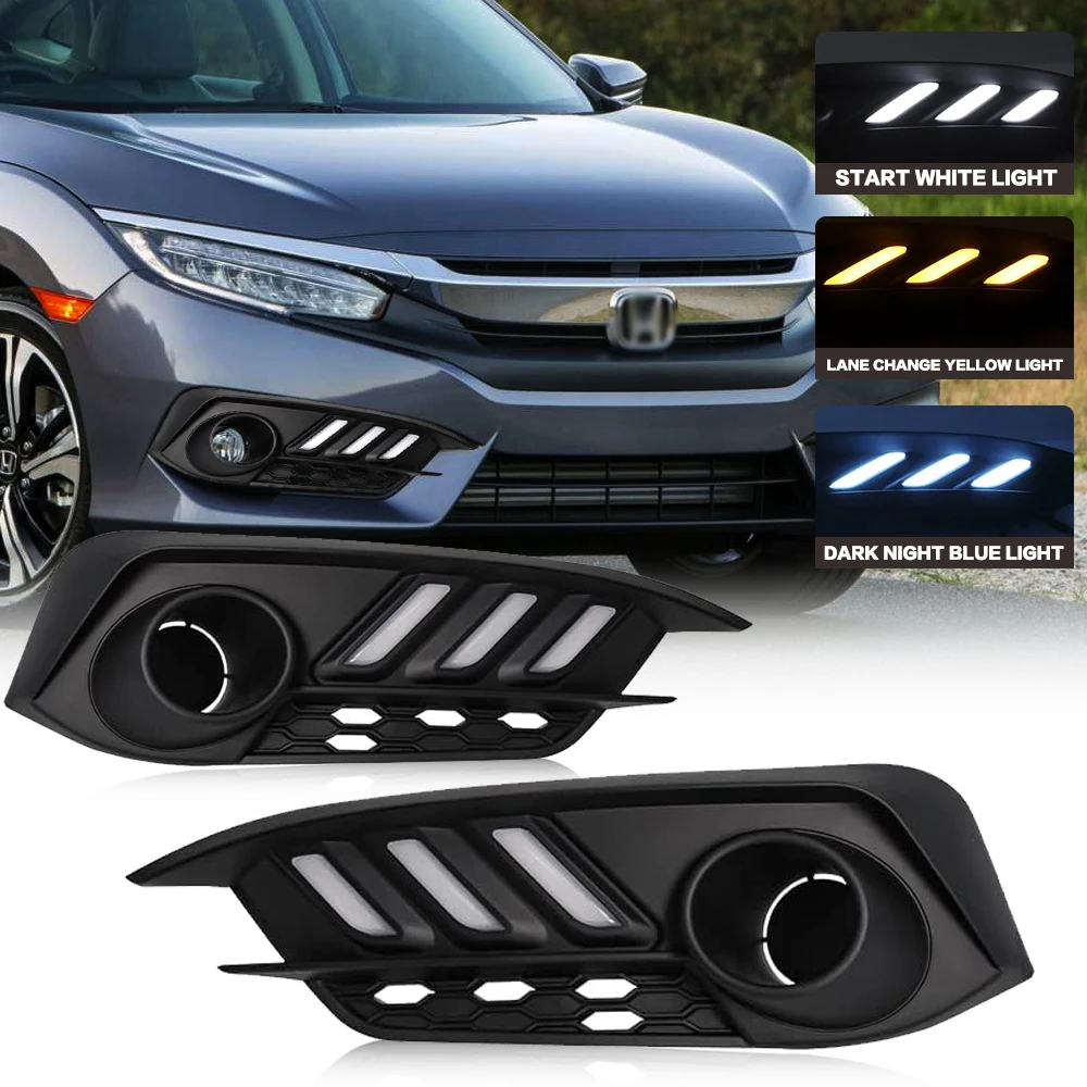 Дневные ходовые огни для Honda 10TH Civic 2016-2018 Противотуманные фары трехцветные DRL со