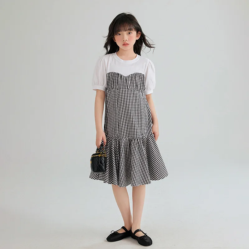 

Teen Girls Short Sleeve Dress 2023 Summer Children Contrast Color Casual Clothing Kids Plaid Dresses Fashion Ruffles
