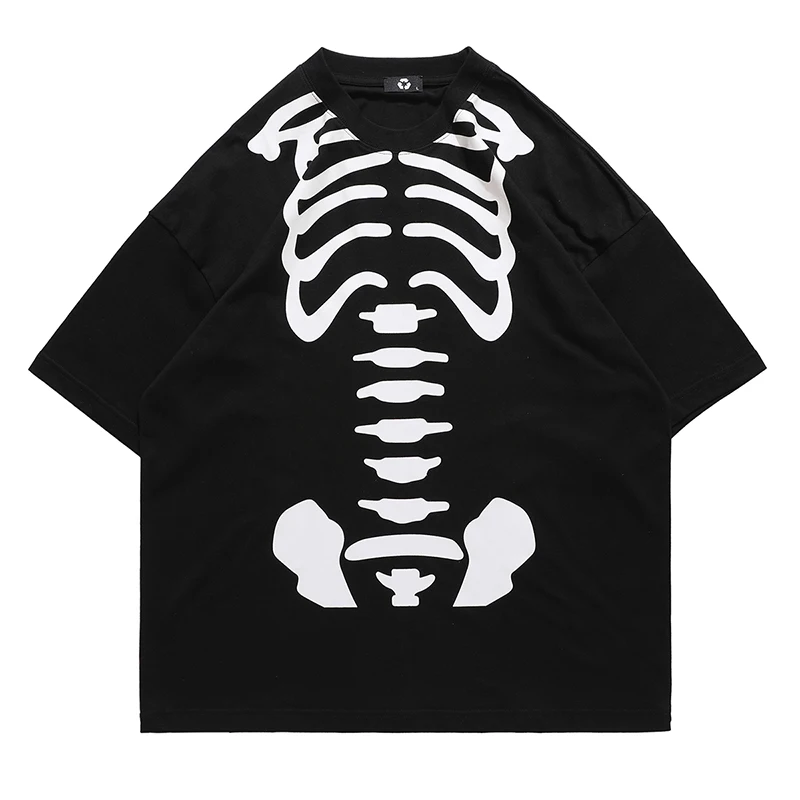 

Skull Bone Print Short Sleeve Black Mens Tshirts Summer Retro Streetwear Oversize New Tees Round Neck Cotton Couple T Shirt