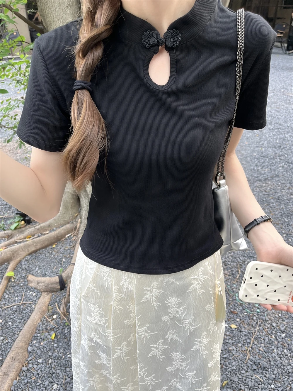 Новая китайская футболка с пряжкой на плечах и коротким рукавом женская больших