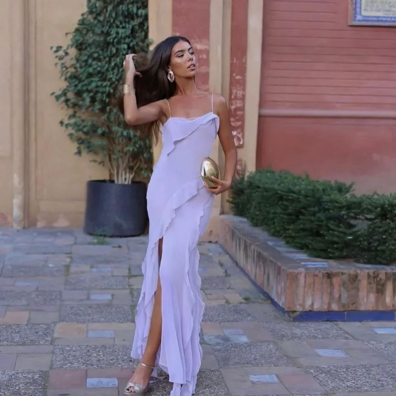 

Летнее сексуальное облегающее женское платье макси на бретелях с оборками, женское платье с открытой спиной, на шнуровке, с Боковым Разрезом, однотонное женское платье