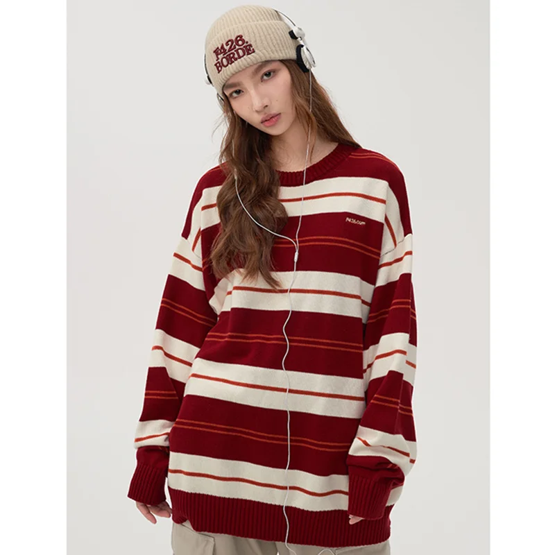 

Women Red Stripe Sweater Crew Neck Fashion Vintage Lazy Wind Thicken Warm Winter New Long Sleeves Pullover Knitting Tops